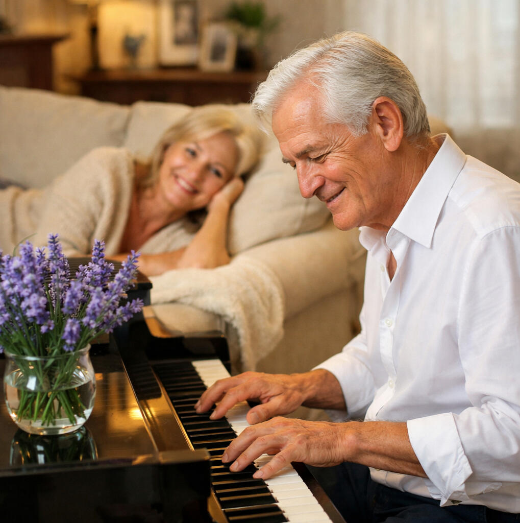 Ab und an spielt mein Mann mir ein Stück vor, und ich kann ihn von der Couch aus bewundern